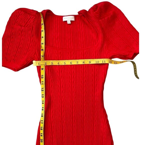 Ronny Kobo Red Knit Midi Dress Puff Sleeve Square Neck Stretch Bodycon Designer - Picture 10 of 11
